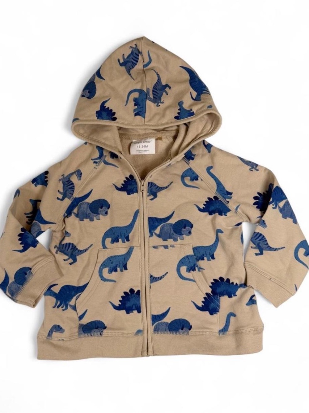 Angel Dear Tan Hoodie with Blue Dinosaur Print organic cotton